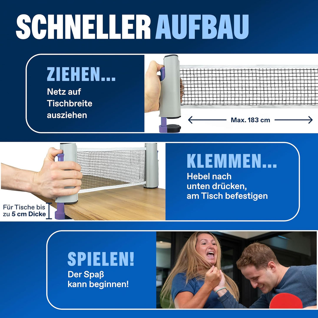 PRO-SPIN Tischtennisschläger Set - Mit Tischtennisnetz Für Jeden Tisch, Tischtennis bälle 3-Sterne,