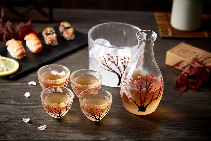 DUJUST Japanisches Sake-Set für 4, Handcrafted Pink Cherry Blossoms Design, 1 Sake-Flasche, 1 Sake-B
