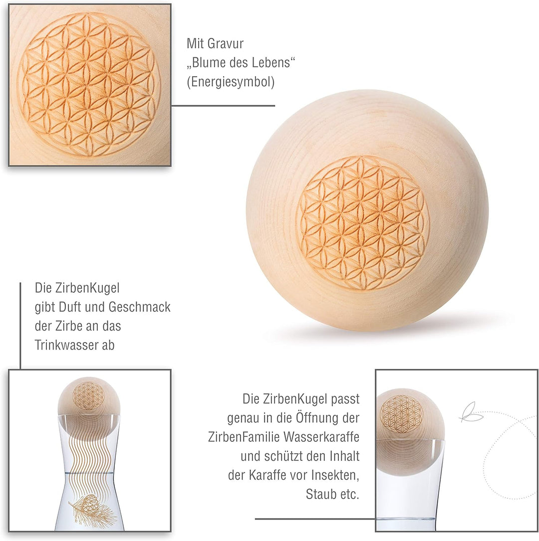 ORIGINAL ZirbenKugel Set „Blume des Lebens“ • 1 Liter Glaskaraffe Spiegelau mit natürlich duftender