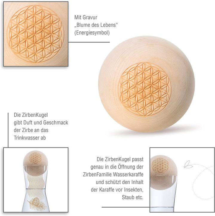 ORIGINAL ZirbenKugel Set „Blume des Lebens“ • 1 Liter Glaskaraffe Spiegelau mit natürlich duftender