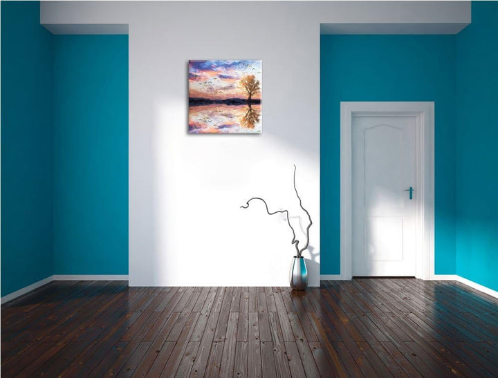 Baum in Dämmerung, Format: 70x70 auf Leinwand, XXL riesige Bilder fertig gerahmt mit Keilrahmen, Kun