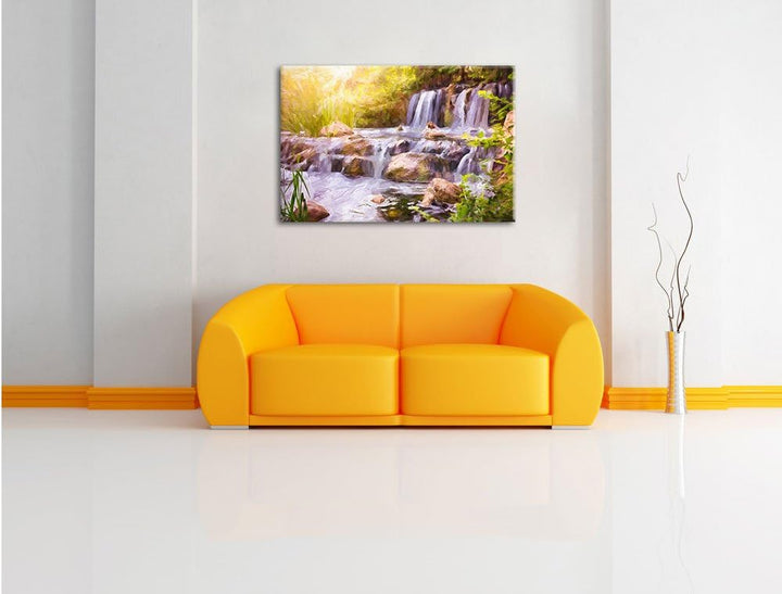 Pixxprint Wasserfall / 100x70cm Leinwandbild bespannt auf Holzrahmen/Wandbild Kunstdruck Dekoration,
