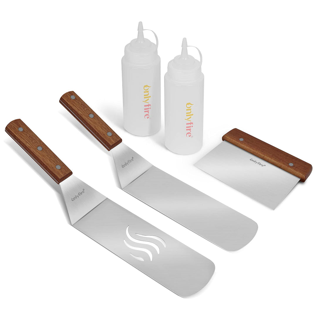 Onlyfire Grillspachtel Plancha Kit aus Edelstahl für Grillplatte, enthält: 2X Pfannenwender, 1x Spac