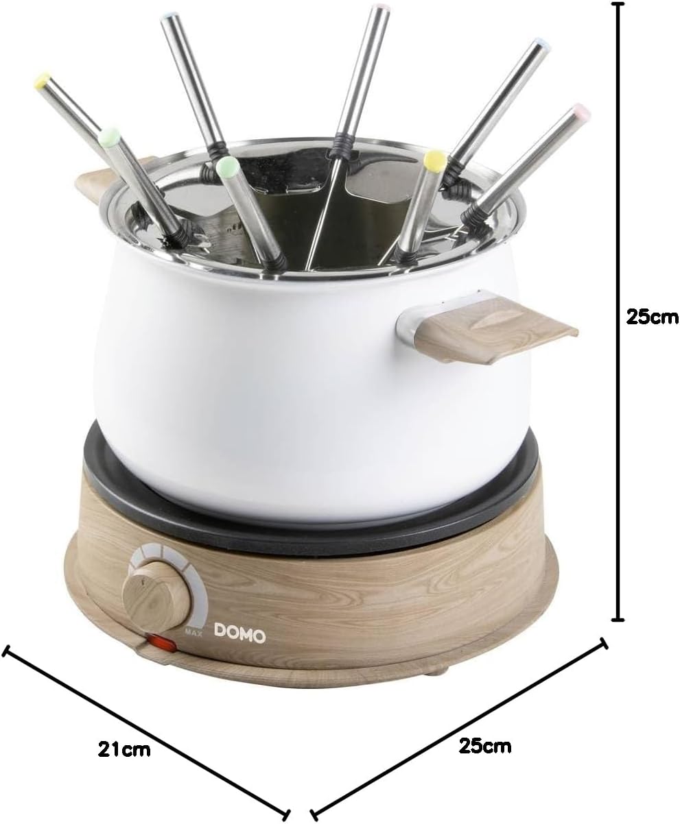 DOMO DO736F Fondue 1500 W Kontrollleuchte, 8 Fonduegabeln Holz, Weiss