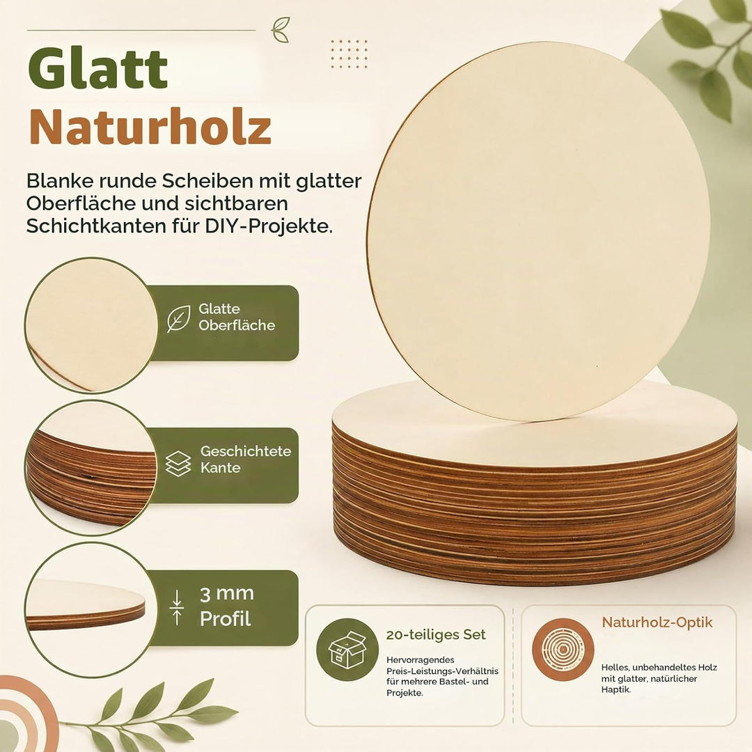 JMIATRY 20 Stück Holzscheiben 20 cm Durchmesser, Holzplatte Rund 20cm - 3 mm dicke, Runde Sperrholzp