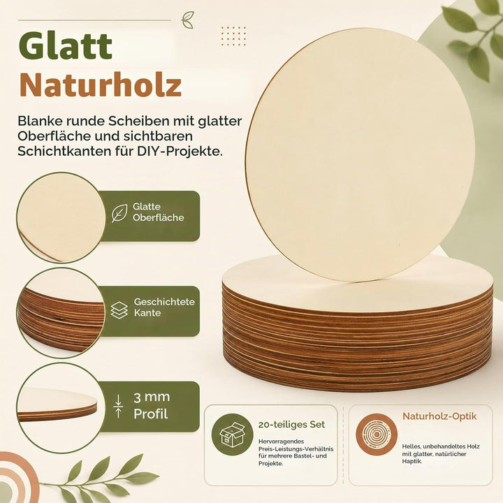 JMIATRY 20 Stück Holzscheiben 20 cm Durchmesser, Holzplatte Rund 20cm - 3 mm dicke, Runde Sperrholzp