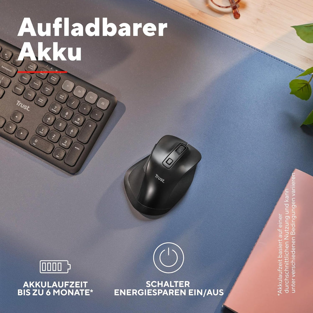 Trust Fyda Aufladbare Kabellose Maus Bluetooth + 2.4GHz, Ergonomische Daumenauflage, 50% Recyclingku