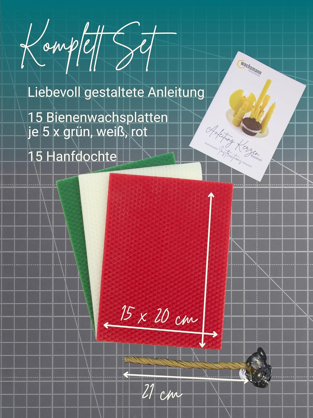 Wachsmann Kerzen selber machen Set – 15 Bienenwachsplatten (15 x 20 cm) mit Hanfdochten für 15 Biene