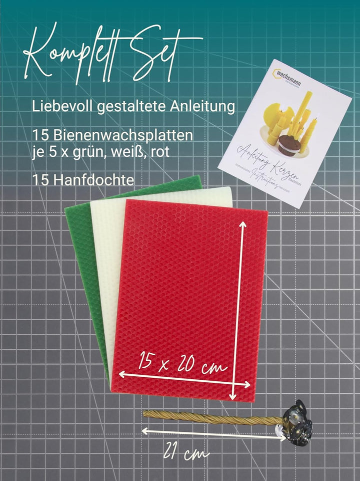 Wachsmann Kerzen selber machen Set – 15 Bienenwachsplatten (15 x 20 cm) mit Hanfdochten für 15 Biene