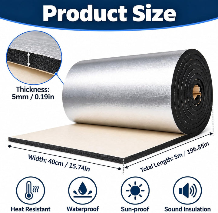 Dämmmatte Selbstklebend Kautschukmatte 5mm, Alu Isolierfolie 40cm X 5m,