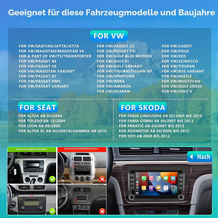 4GB+64GB Motorsi Autoradio für VW Seat/Skoda/Altea/Toledo/Leon/Altea XL mit Qualcomm Carplay/Android