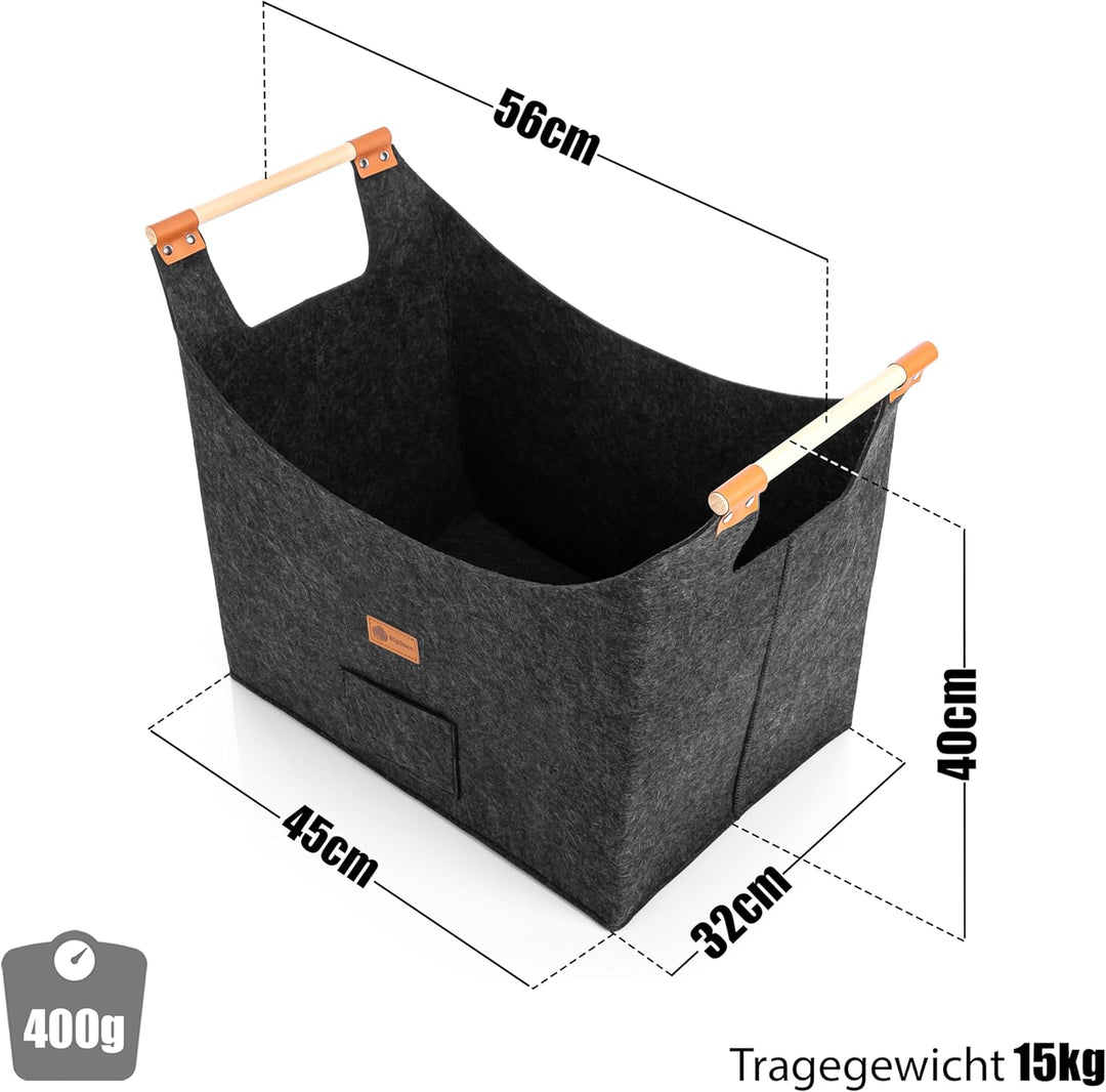 BigDean 2 Stück Holzkorb für Kaminholz belastbar bis 15kg – Brennholzkorb aus robustem Filz