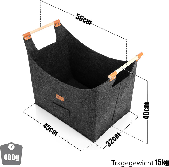 BigDean 2 Stück Holzkorb für Kaminholz belastbar bis 15kg – Brennholzkorb aus robustem Filz