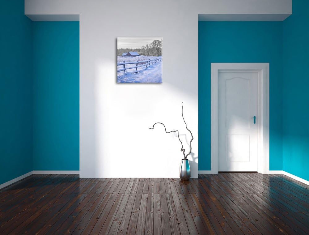 Pixxprint kleines Holzhaus in verschneiter Landschaft schwarz/weiss als Leinwandbild/Grösse: 70x70 c