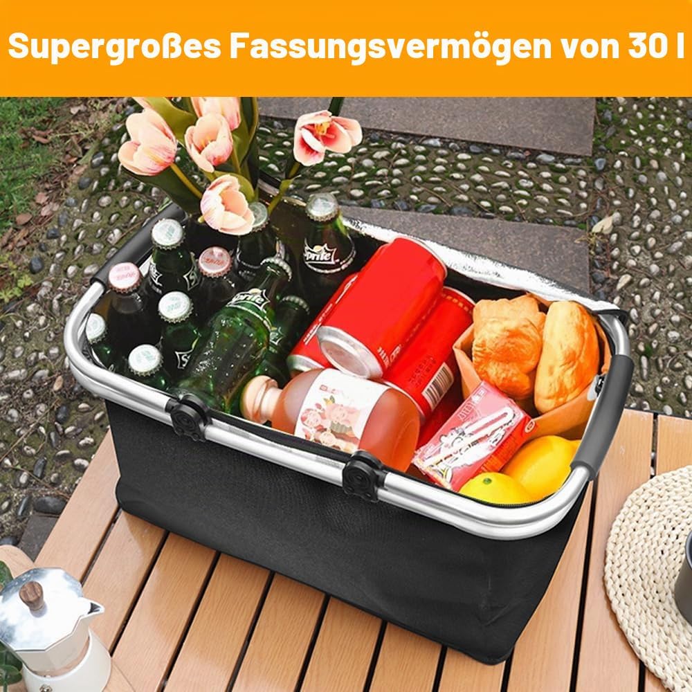 30L Einkaufskorb Faltbar, Gross Picknickkorb Mit Gepolsterten Griffen, Tragekorb Einkaufskorb Kühlta