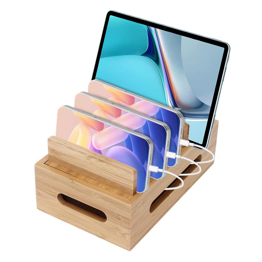 Holz Ladestation für Mehrere Geräte, 6 Fächer Desktop Handy Docking Holder USB Multi Charger Organiz