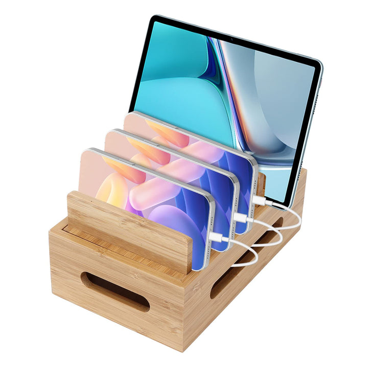 Holz Ladestation für Mehrere Geräte, 6 Fächer Desktop Handy Docking Holder USB Multi Charger Organiz