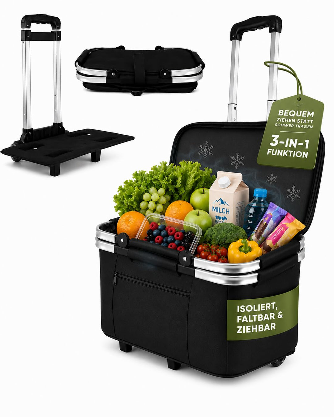 Balivia Einkaufskorb mit Rollen, faltbar & isoliert 35 L Volumen Einkaufstrolley Thermo für Einkauf,