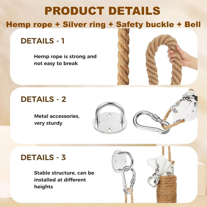 Premium Katzen-Kletterseil aus Jute | 2,05 m Länge & 4 cm Durchmesser | Deckenmontage mit Haken für