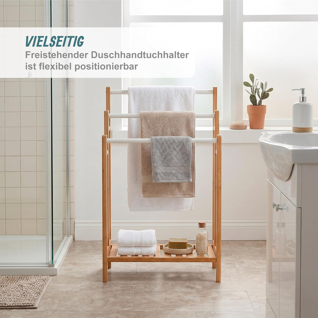 Relaxdays Handtuchhalter, mit 3 Stangen &amp; Ablage, HBT: 86x46x24 cm, für Hand- &amp; Badetücher, Bambus &amp;