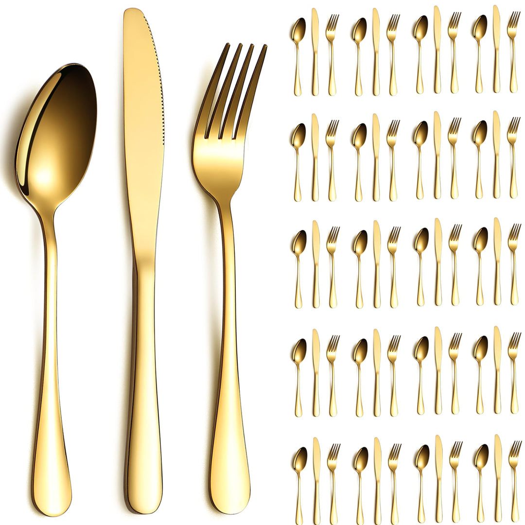 Gold Besteck Set 60 Teile Service für 20, Edelstahl Messer Löffel Gabeln Set für Hochzeit, Partys, A