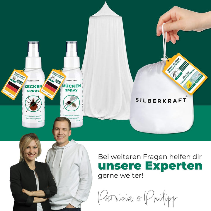 Silberkraft Premium Moskitonetz inklusive Klebehaken, XXL für Doppelbett, Betthimmel mit Reissversch