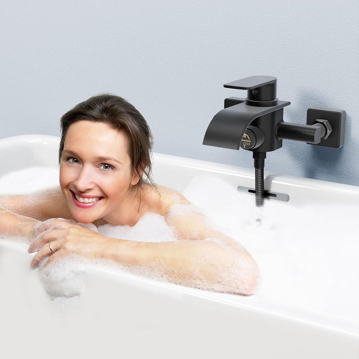 KULACO Badewannenarmatur Wasserfall Schwarz, Mischbatterie Badewanne Wannenbatterie, Messing Wasserh