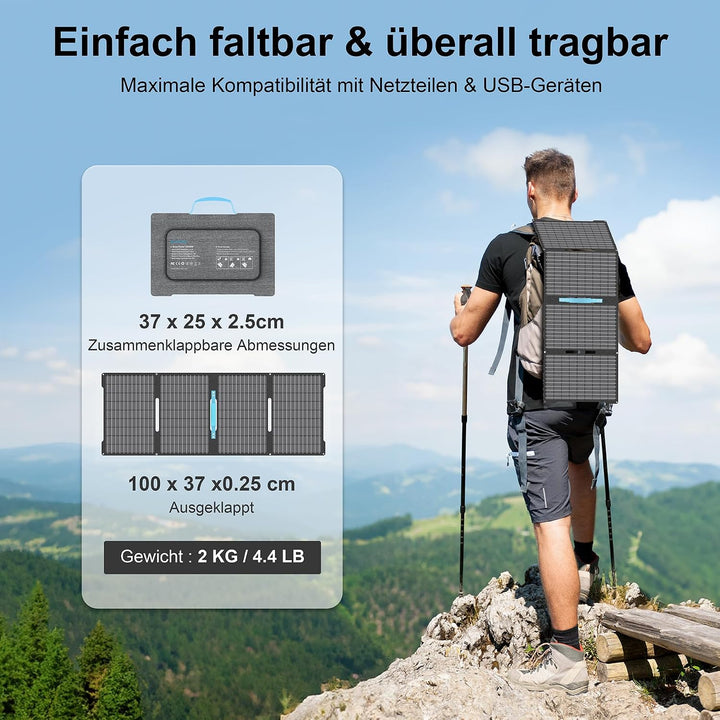 60W Faltbares Solarladegerät Tragbar, Monokristallin mit 24% Wirkungsgrad, IP67 Wasserdicht, 3 Ausgä