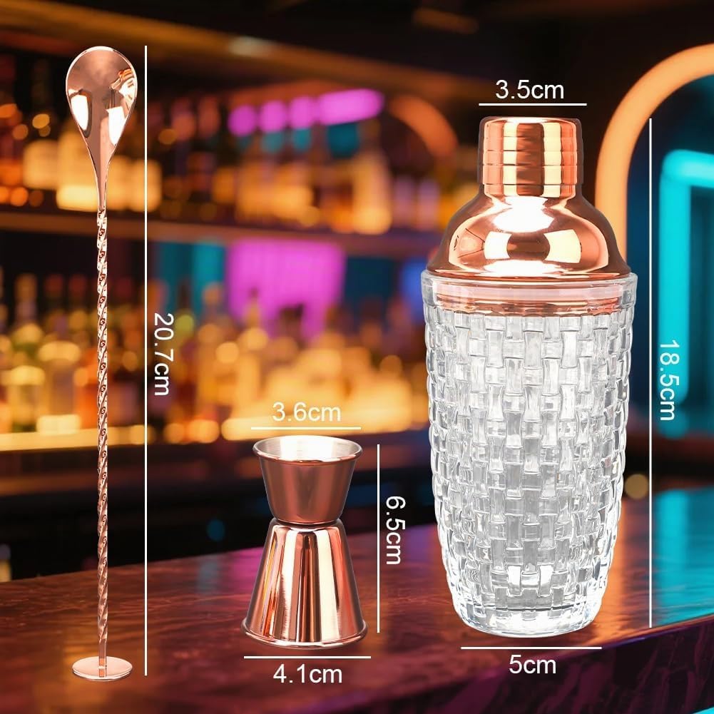 Cocktail Shaker Roségold, 400ml Cocktail Mixer, Shaker Edelstahl Cocktails, Glas Cocktailshaker, Ede
