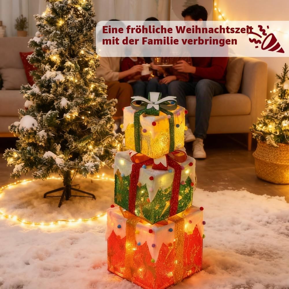 Led Geschenkbox Weihnachten mit Timer 3er Set, Led Deko Geschenke Leucht Boxen, Weihnachtsdeko Leuch