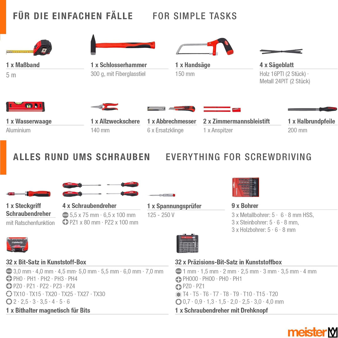 Meister Werkzeugkoffer 161-teilig - Stabiler Alu-Koffer -Set - Für Haushalt, Garage &amp; Werkstatt/Prof