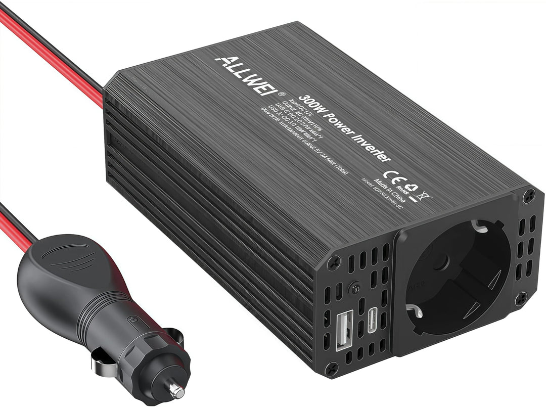 ALLWEI 300W Wechselrichter 12V auf 230V Spannungswandler, Stromwandler mit Typ-C & USB Anschluss, In