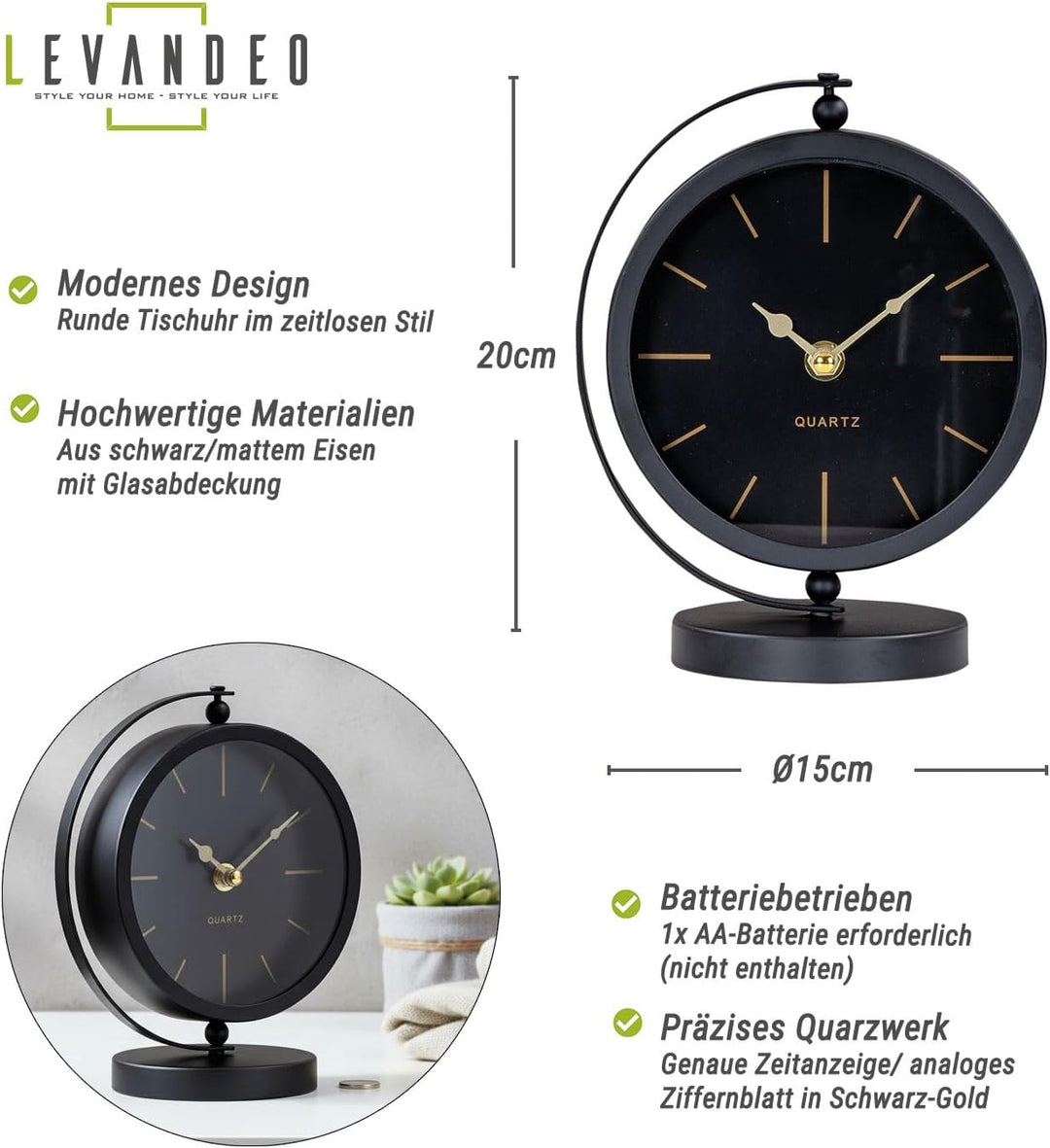 levandeo Tischuhr H20cm Schwarz Gold Metall Vintage Retro Metalluhr Analog Standuhr Deko Tischdeko N