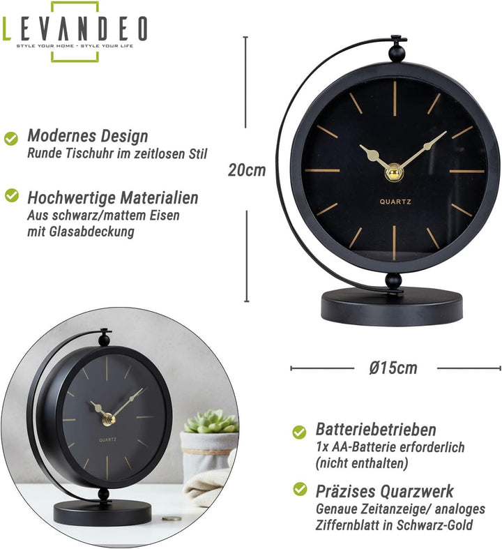 levandeo Tischuhr H20cm Schwarz Gold Metall Vintage Retro Metalluhr Analog Standuhr Deko Tischdeko N