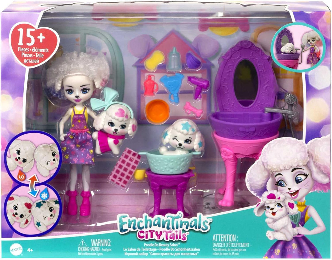 Enchantimals HHC20 - City Tails Pudelwohl Schönheitssalon Spielset mit Pudel-Mädchen Perris Poodle P