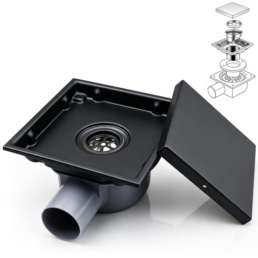 Duschrinne Quadratisch Edelstahl, 15x15cm Bodenablauf Dusche mit 360° Siphon Geruchsstop Haarfilter,
