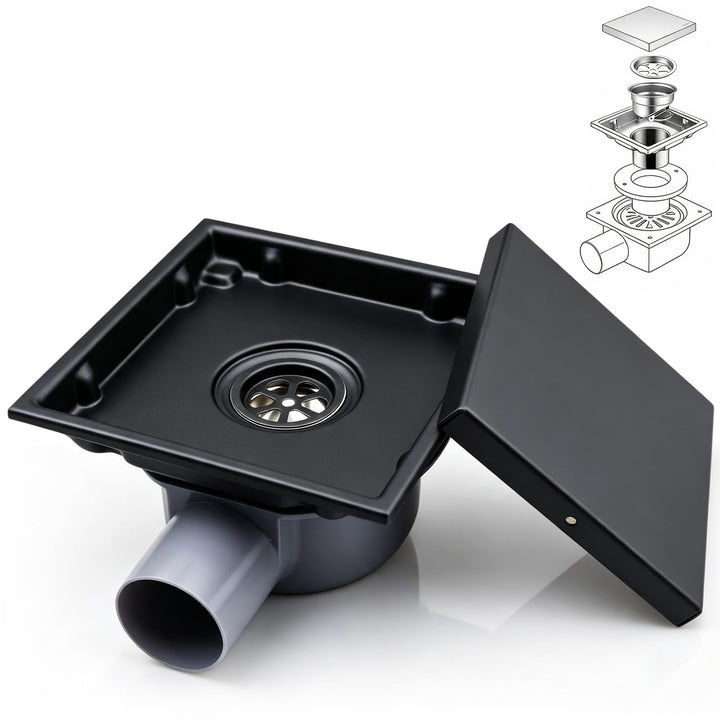 Duschrinne Quadratisch Edelstahl, 15x15cm Bodenablauf Dusche mit 360° Siphon Geruchsstop Haarfilter,
