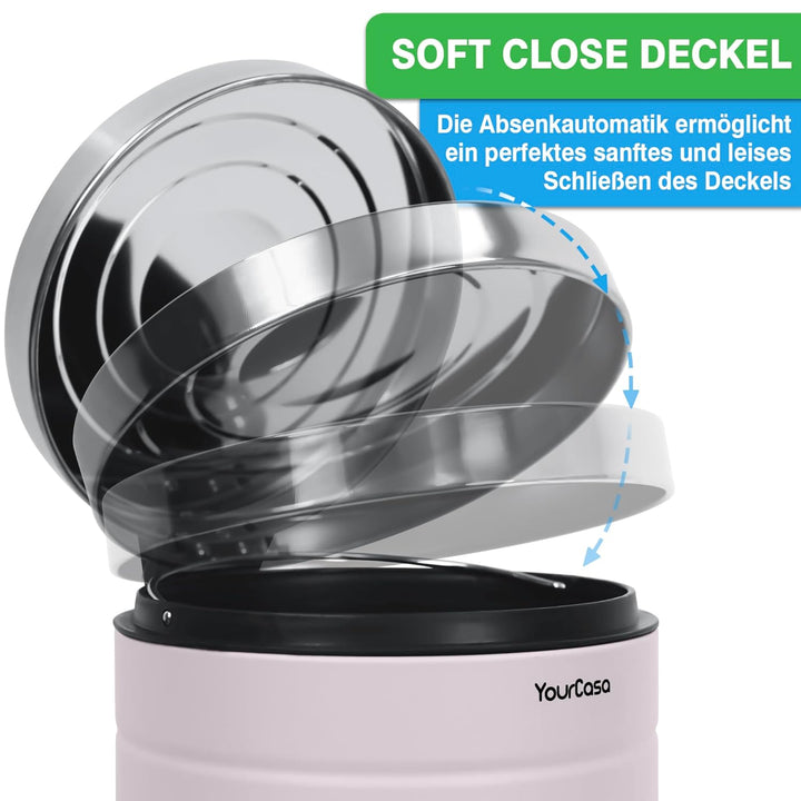 YourCasa® Mülleimer Bad 5L [Retro Style Zart-Rosa] Kosmetikeimer mit Softclose-Deckel & Inneneimer -