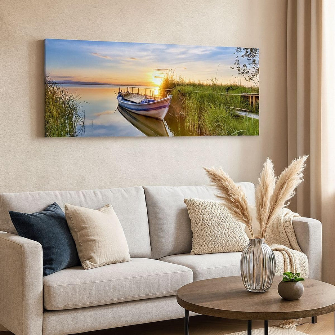 Wandbilder Dekoration Wohnzimmer See Boot Wasser Panorama Bilder auf Leinwand 120x50cm Leinwandbild