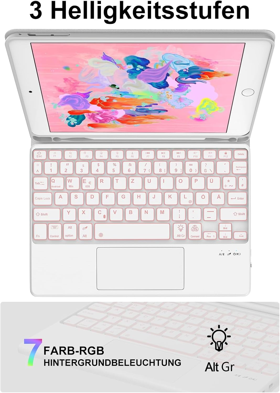 JADEMALL Für iPad 6 9,7"&amp; Air 2 Hülle mit Touchpad &amp; Beleuchtung QWERTZ | Mit 7-Farben Beleuchtung &amp;