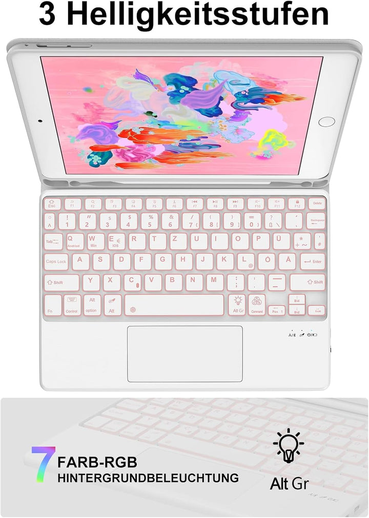 JADEMALL Für iPad 6 9,7"&amp; Air 2 Hülle mit Touchpad &amp; Beleuchtung QWERTZ | Mit 7-Farben Beleuchtung &amp;