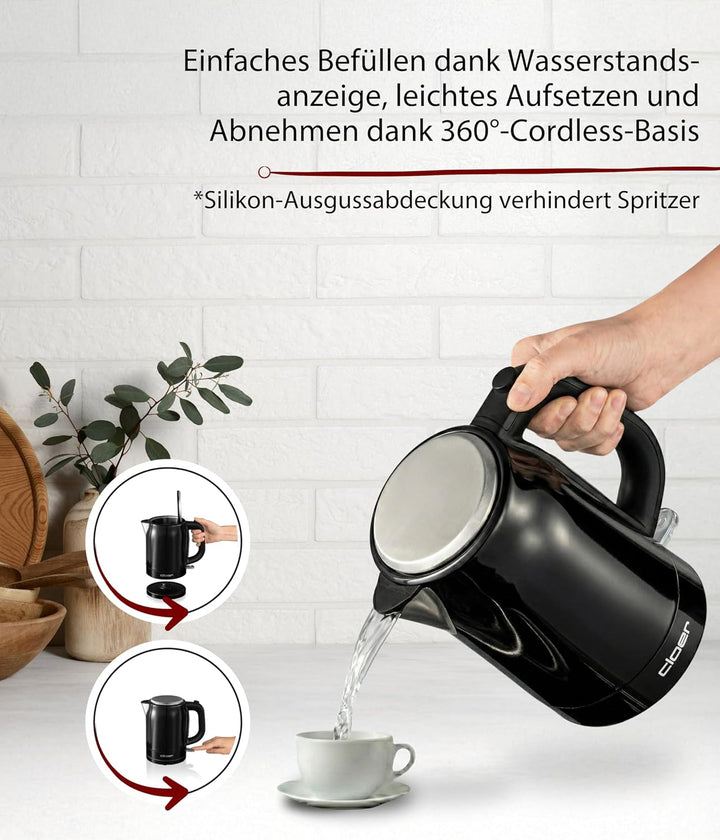Cloer 4510 Wasserkocher Edelstahl, 2200 W, Wasserstandsanzeige, Trockengeh-und Überhitzungsschutz, 1