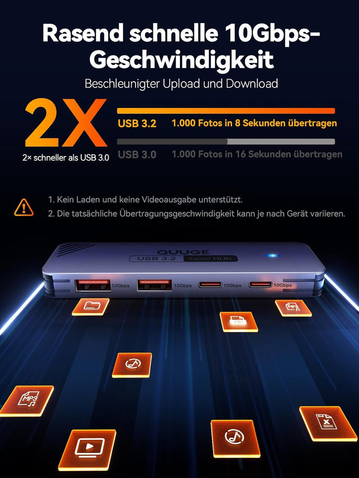USB C 3.2 Hub 10Gbps, QUUGE 4-in-1 Adapter mit 2 USB-C 3.2 & 2 USB-A 3.2 Ports, Aluminium Multiport