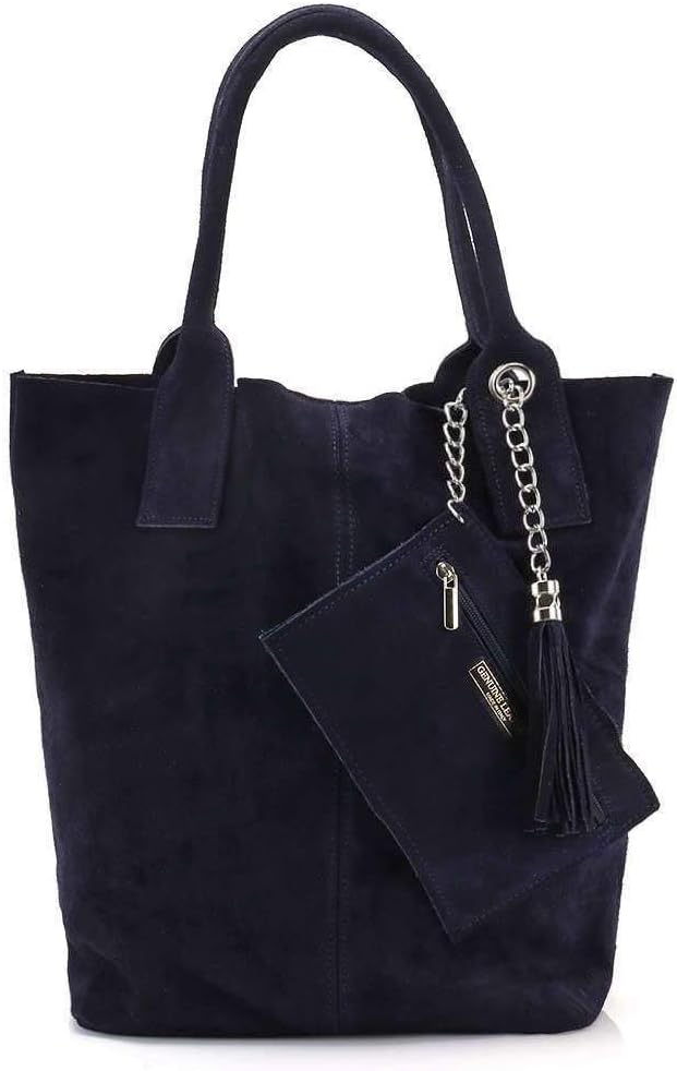 Made IN Italy Damen XXL Leder Tasche Wildleder Shopper Schultertasche + Schmucktasche Blau, Blau