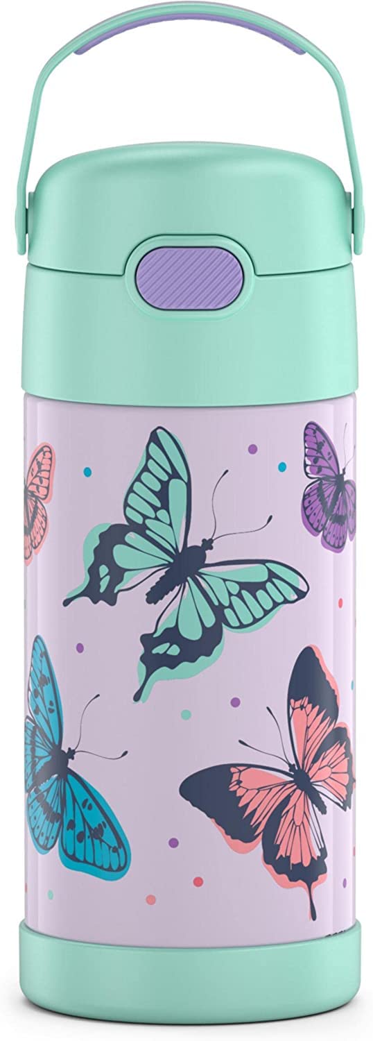 THERMOS Funtainer Kinder-Strohhalmflasche, Edelstahl, vakuumisoliert, 340 ml, Schmetterlingsfrenzy F
