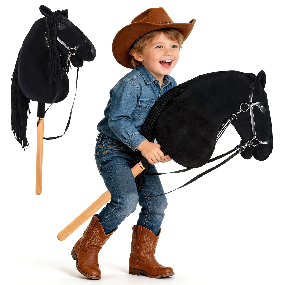 Hobby Horse für Kinder, Steckenpferd Spielzeug Pferd mit Halfter und Zügeln, Holzpferd Plüschpferd S
