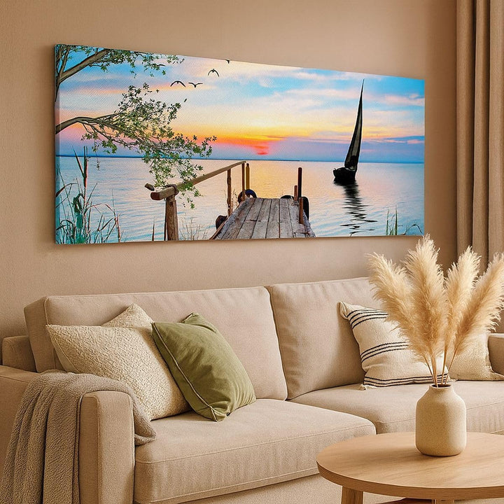 Panorama Bilder auf Leinwand 100x40cm Leinwandbild mit Rahmen Brücke See Gross Wanddeko Bild Schlafz