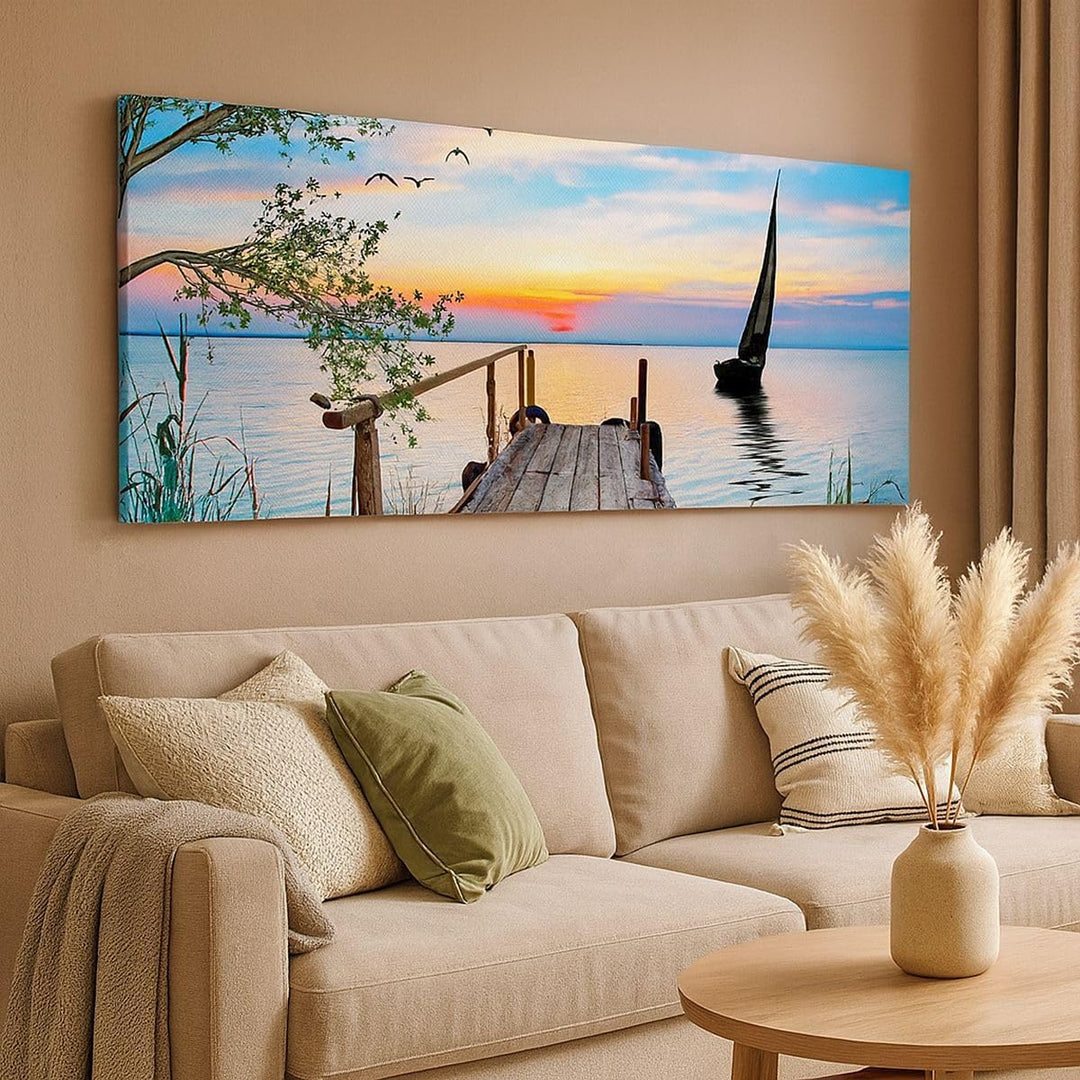 Wandbilder Dekoration Wohnzimmer Brücke See Panorama Bilder auf Leinwand 120x50cm Leinwandbild mit R