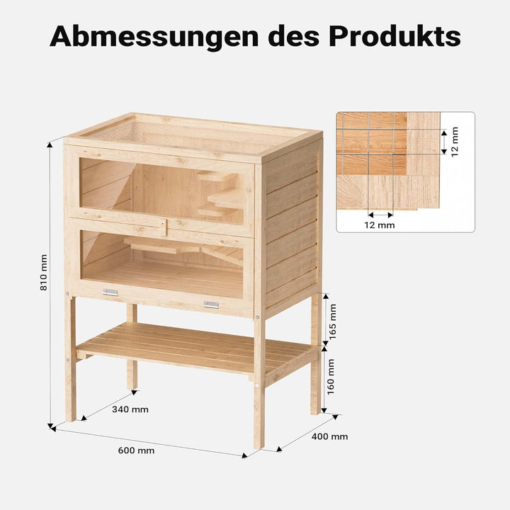 Wiltec 3 Etagen Nagerkäfig, 600 x 400 x 800 mm, aus Holz, mit klappbarem Deckel & Sichtfenster, Klei