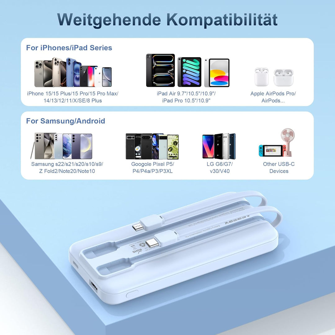 AsperX 2er Powerbank 10000mAh mit USB-C Kabel,4 Ausgängen Schnellladen,Power Bank Klein Aber Stark m